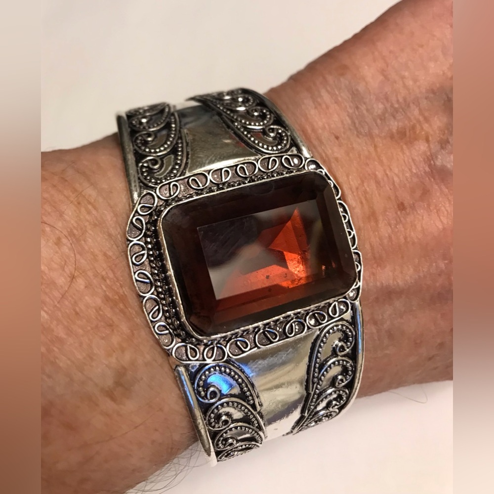 Honey Topaz Stamped Solid 925 Sterling Silver Cuff Bracelet